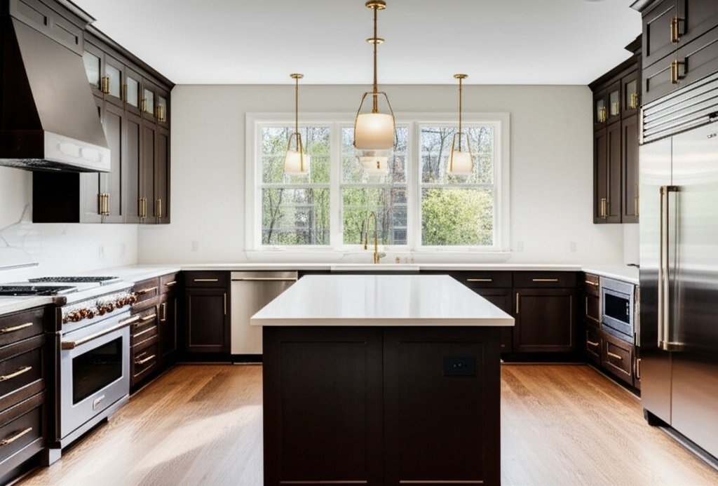 Luxurious modern kitchen remodel in Baytown with white quartz countertops and gold hardware